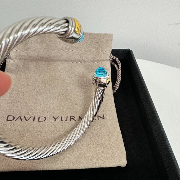 David Yurman Sterling Silver 7mm Blue Topaz and 14K Gold Cable Cuff Bracelet - Picture 3 of 5